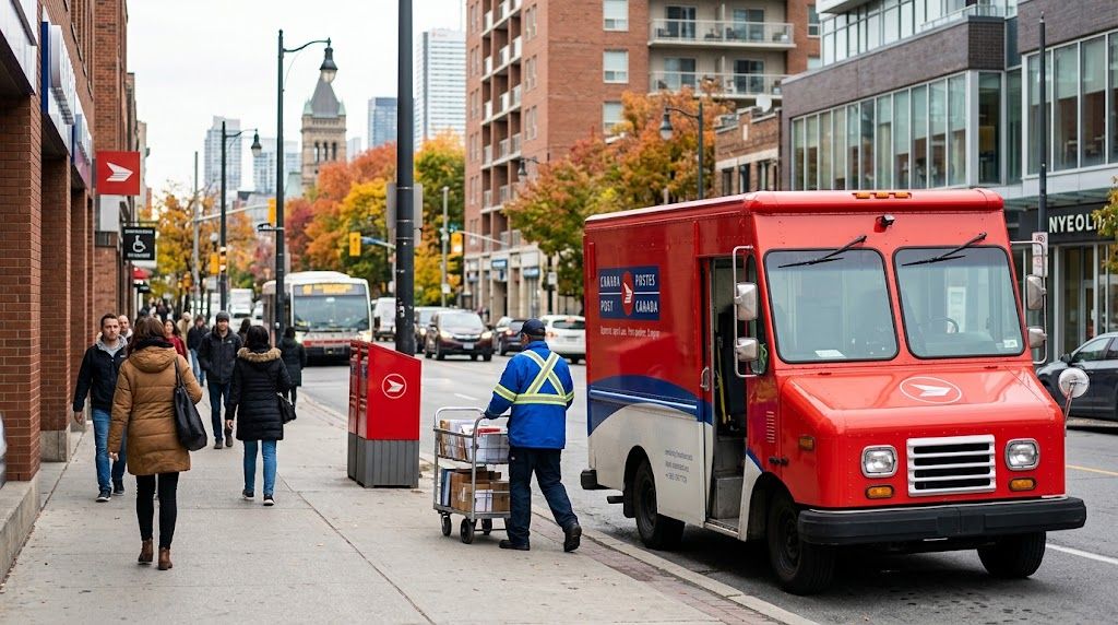 White and blue Canada Post delivery van parked on a residential street
