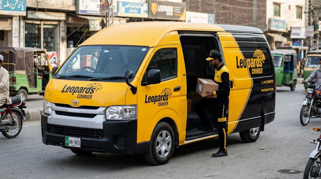 Yellow Leopards Courier delivery van and driver handling a package on a city street.