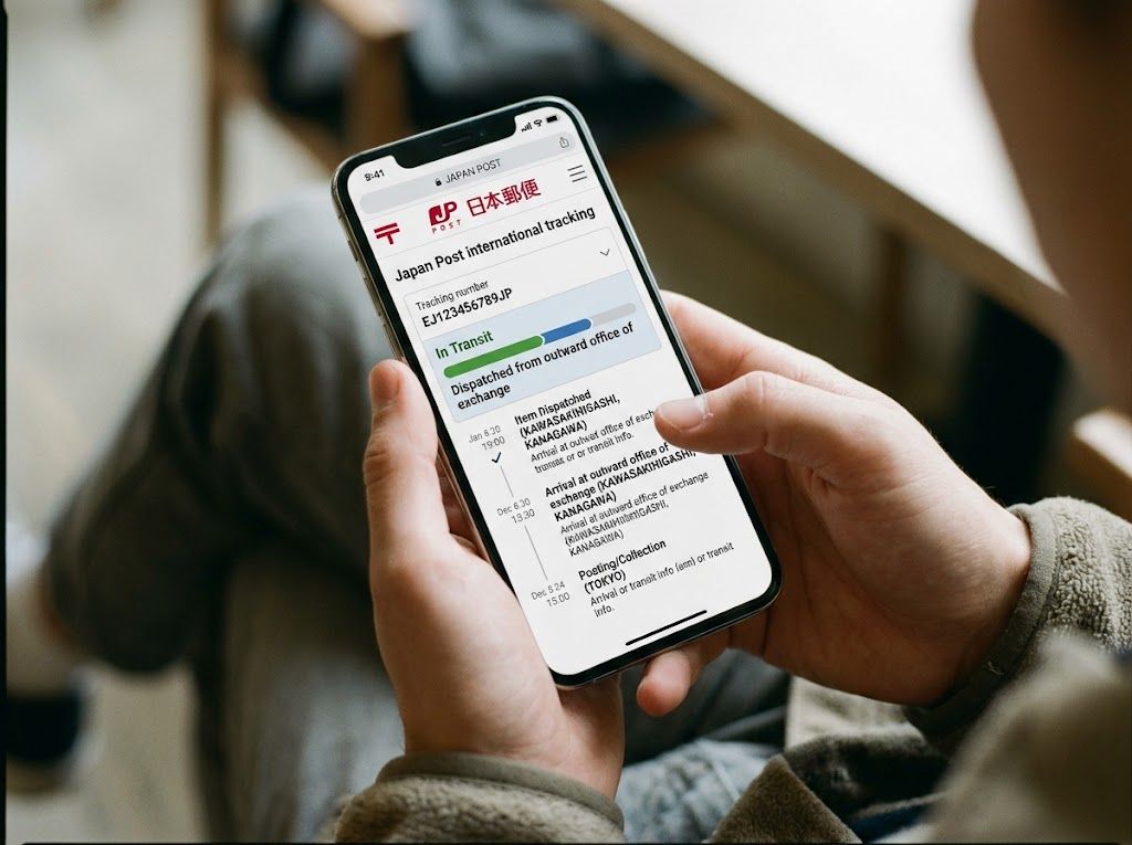 A person using mobile phone to check the delivery status on Japan post