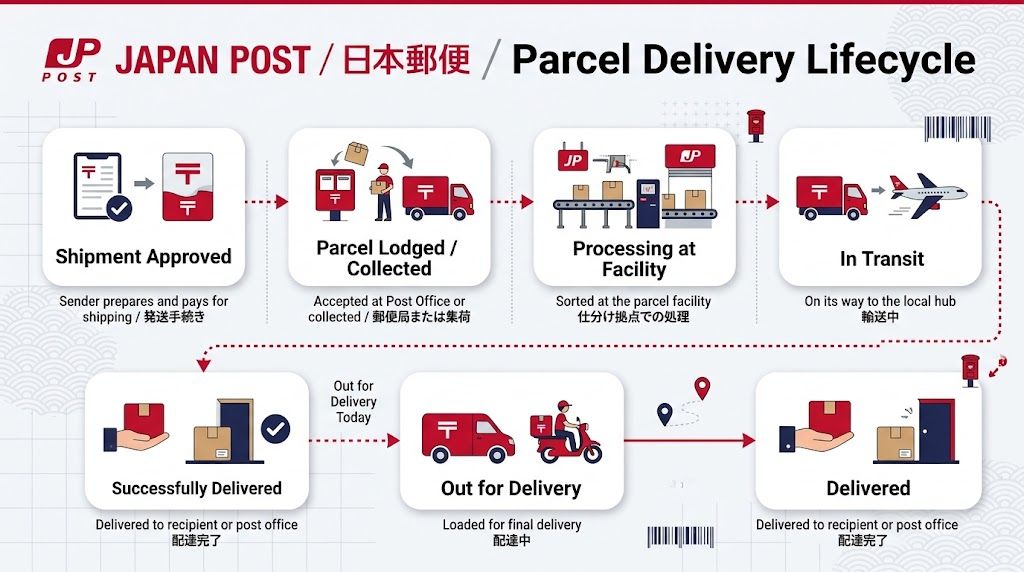 The poster with explanation of Japan post's delivery lifecycle.