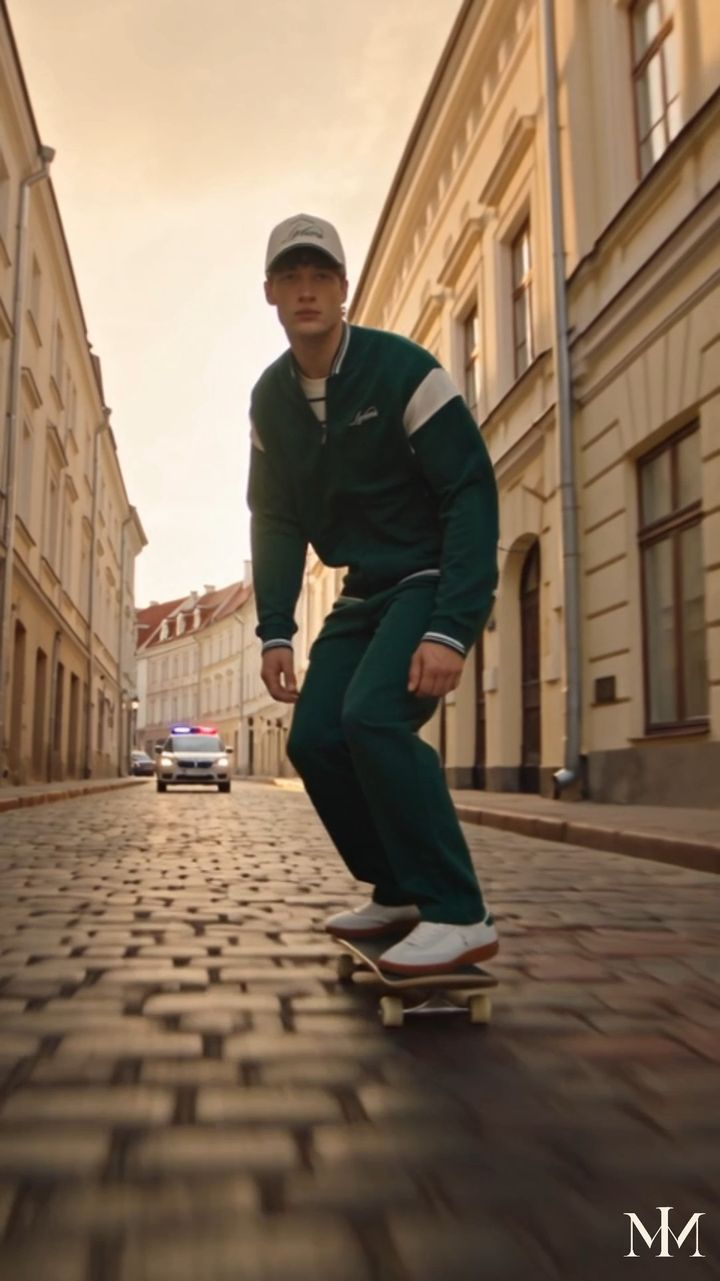 The skater riding through a historic street