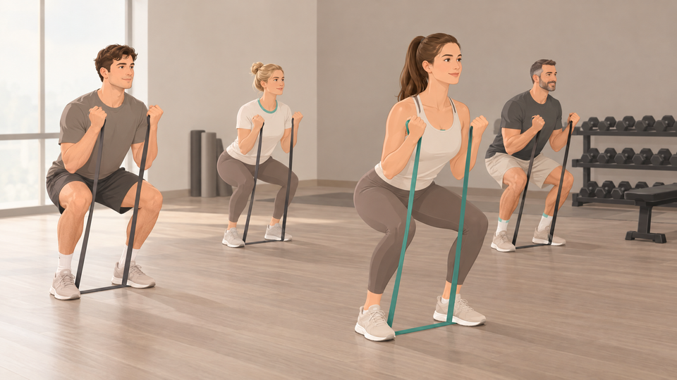 Illustration of a small group of adults performing a short resistance exercise.