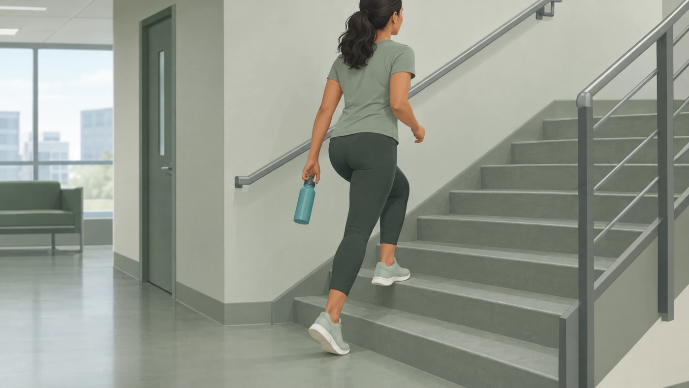 Illustration of a woman climbing stairs during a brief bout of physical activity.