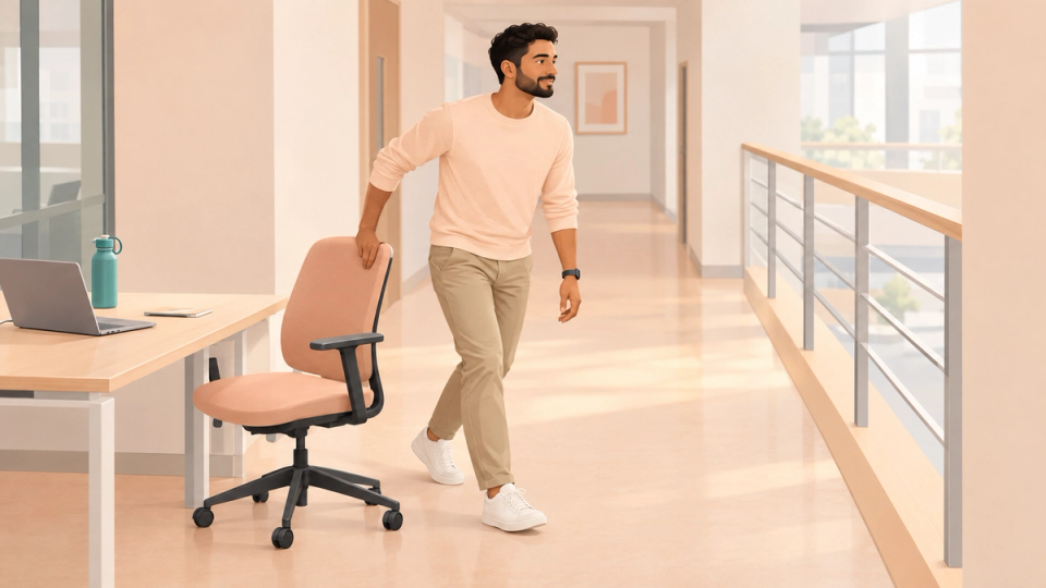 Illustration of a man standing up from a desk for a short movement break.