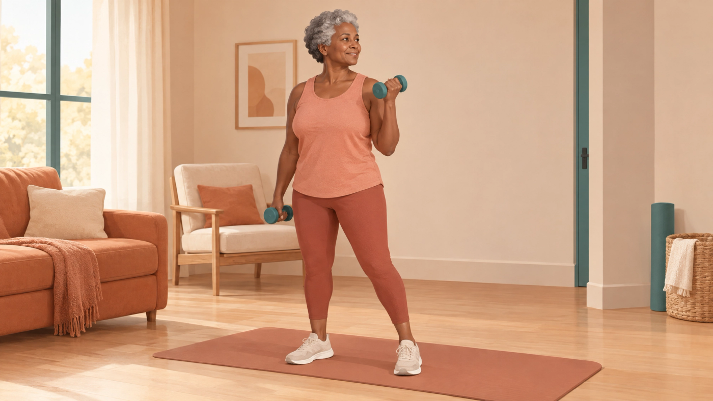 Illustration of an older woman performing a short resistance exercise.