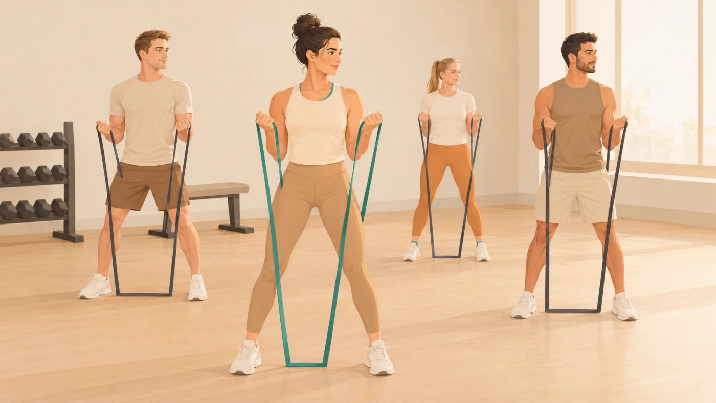 Illustration of a small group of adults performing a short resistance exercise.