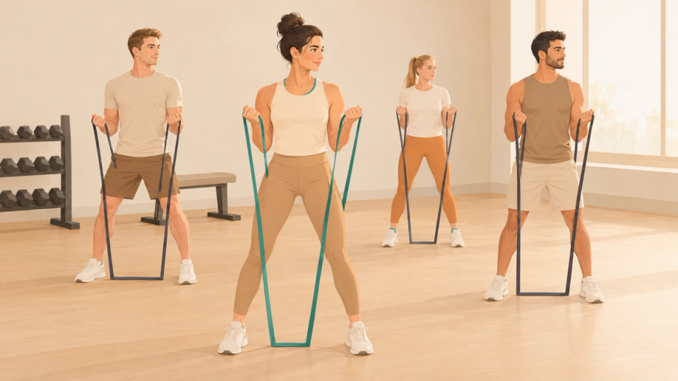 Illustration of a small group of adults performing a short resistance exercise.