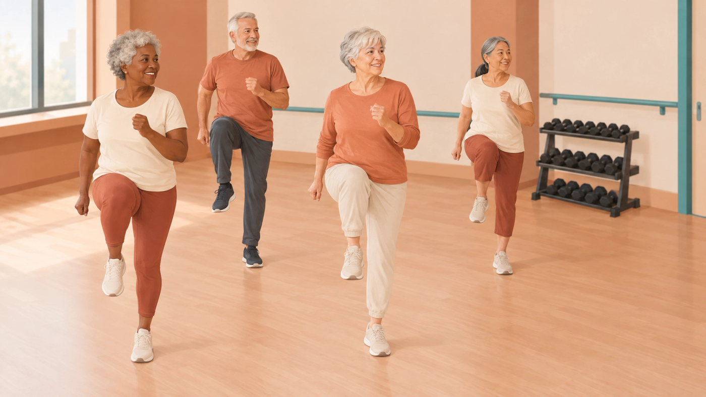 Illustration of a small group of older adults performing a short bout of exercise.
