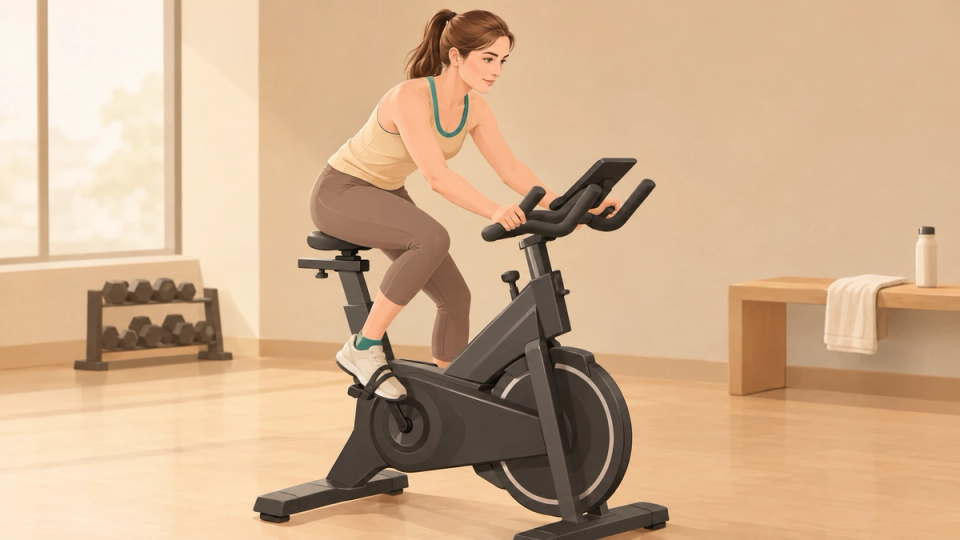 Illustration of a woman performing a short stationary cycling session.