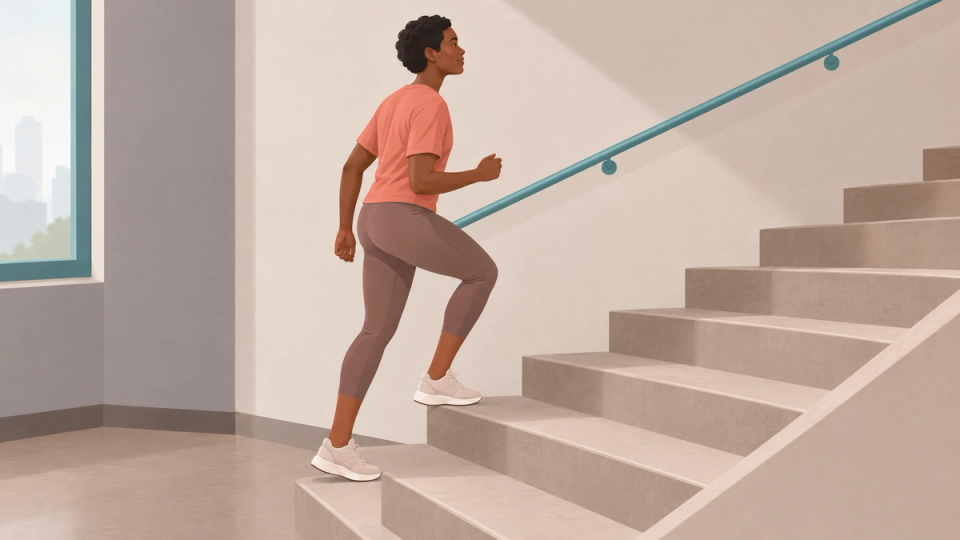 Illustration of a person climbing stairs during a brief bout of physical activity.