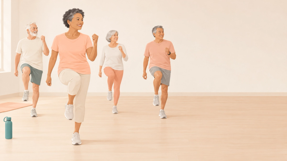 Illustration of a small group of older adults performing a short bout of exercise.