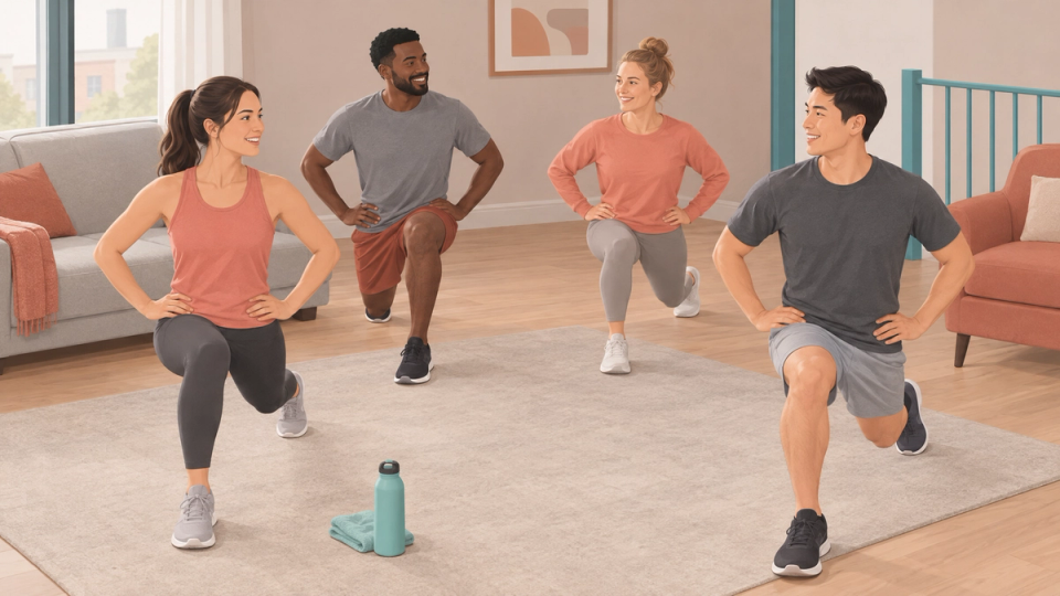 Illustration of a small group of adults performing a short bout of exercise.