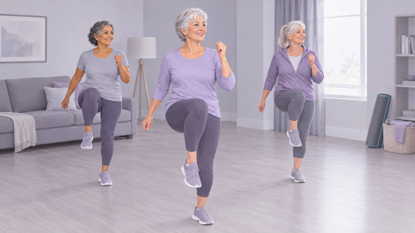 Illustration of a small group of older women performing a short bout of exercise.