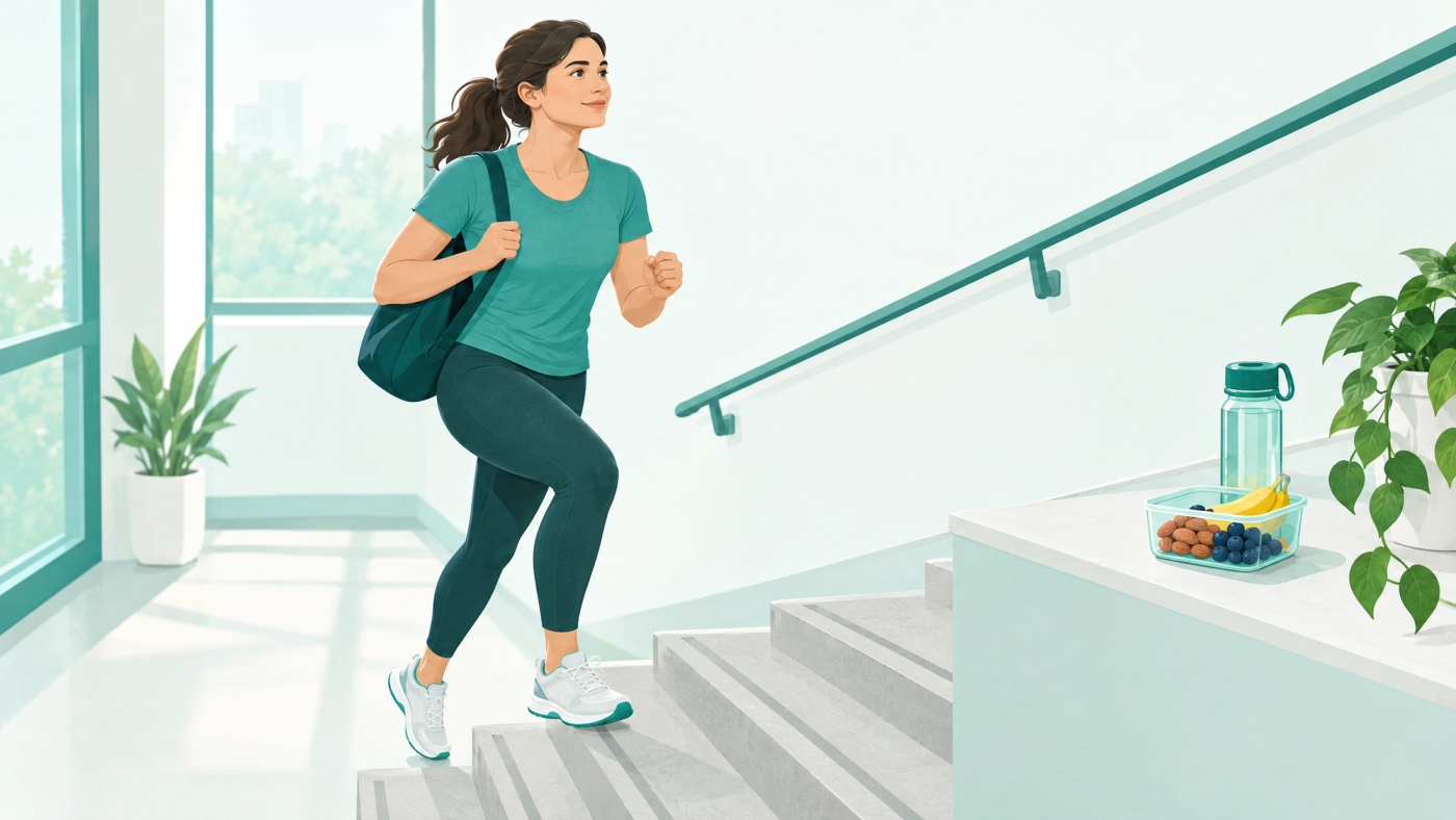 Illustration of a person moving briskly up a flight of stairs.