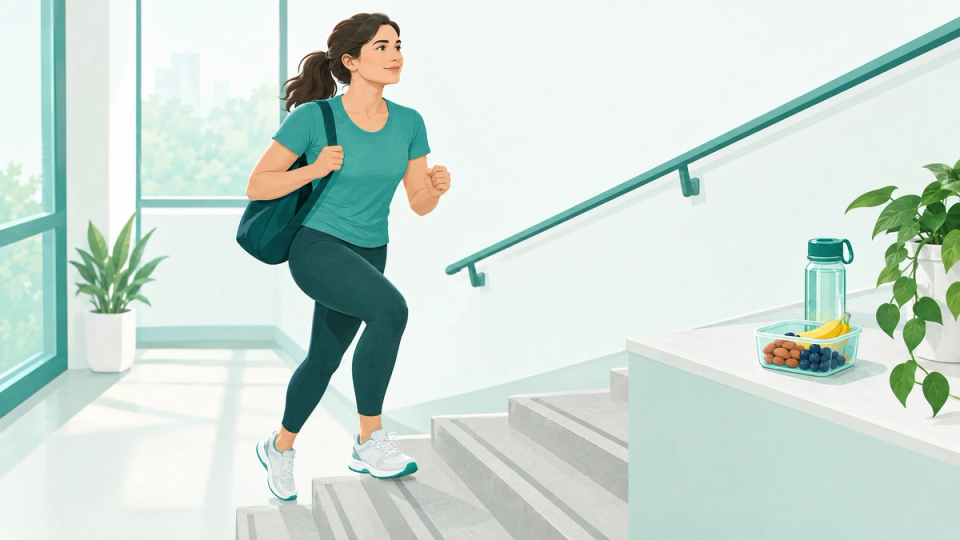 Illustration of a person moving briskly up a flight of stairs.