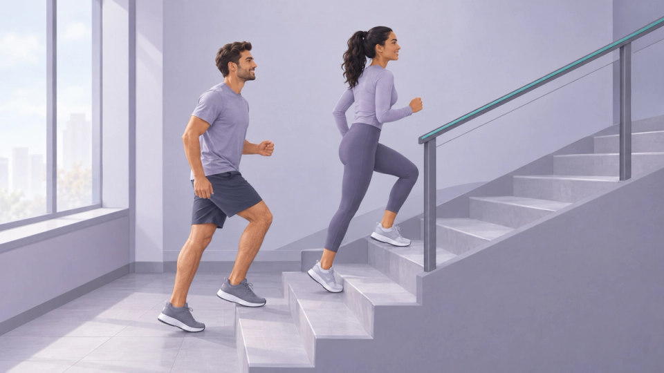 Illustration of two adults climbing stairs during a brief bout of physical activity.