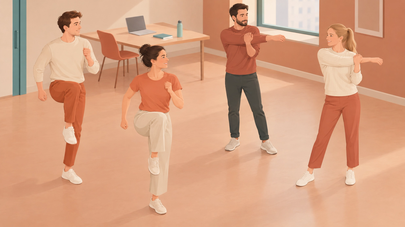 Illustration of a small group of adults performing a short bout of exercise.