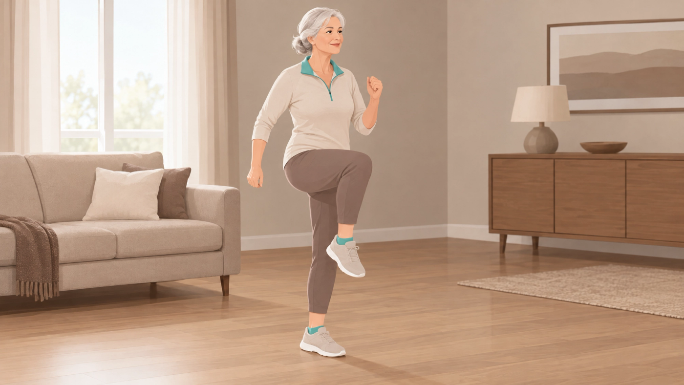 Illustration of an older woman performing a short bout of exercise.