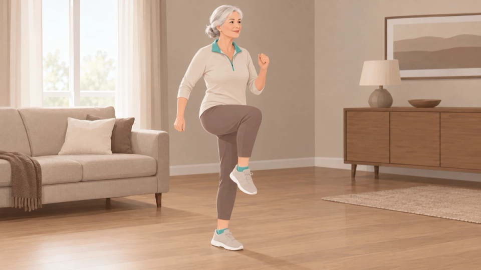Illustration of an older woman performing a short bout of exercise.