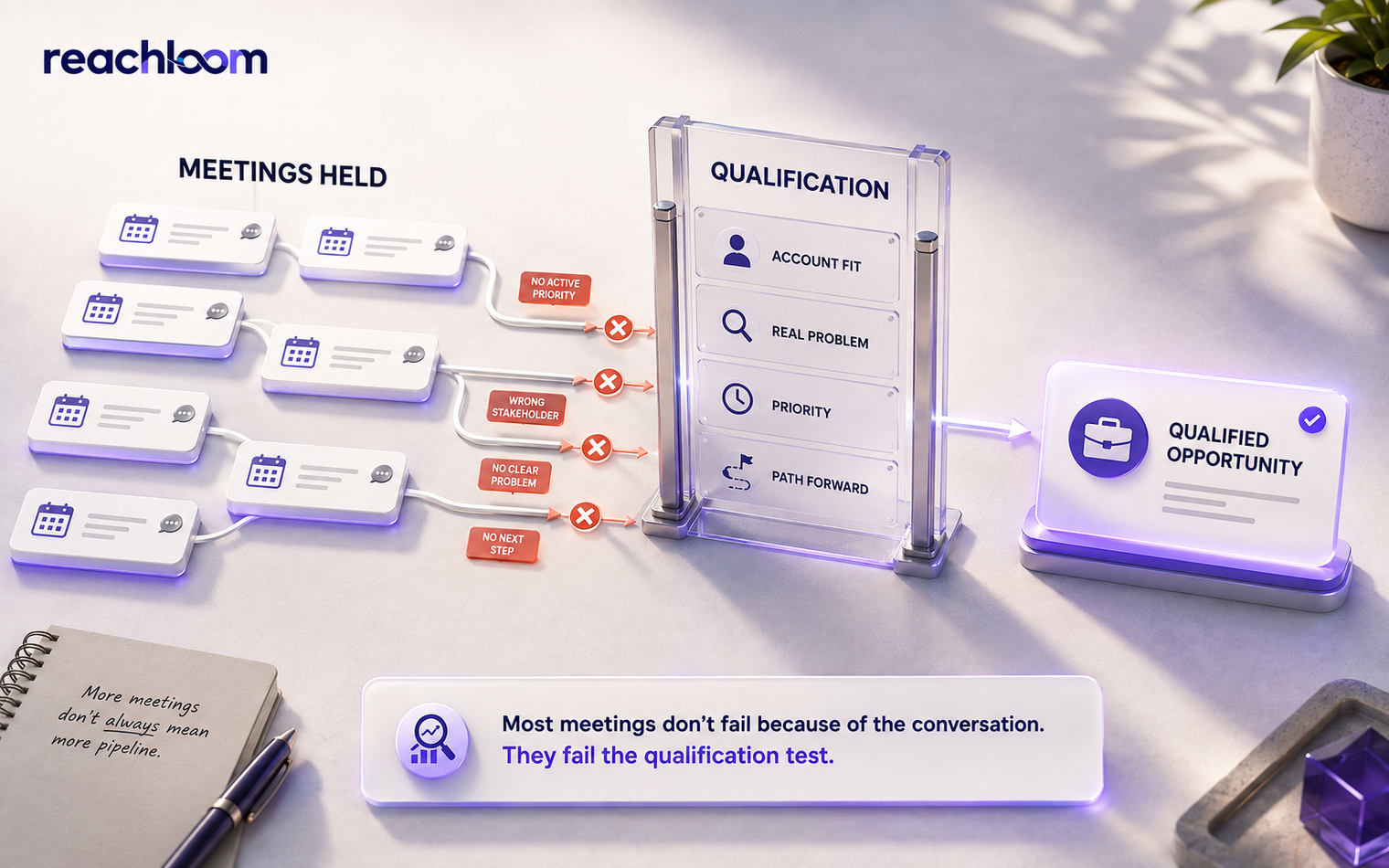 Outbound meetings reaching a qualification checkpoint where only one conversation becomes a qualified sales opportunity.