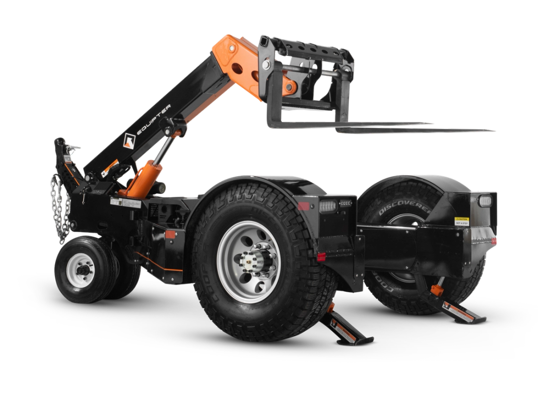 Studio view of an Equipter Tow-A-Lift with the fork boom raised to mid height and both outriggers deployed.