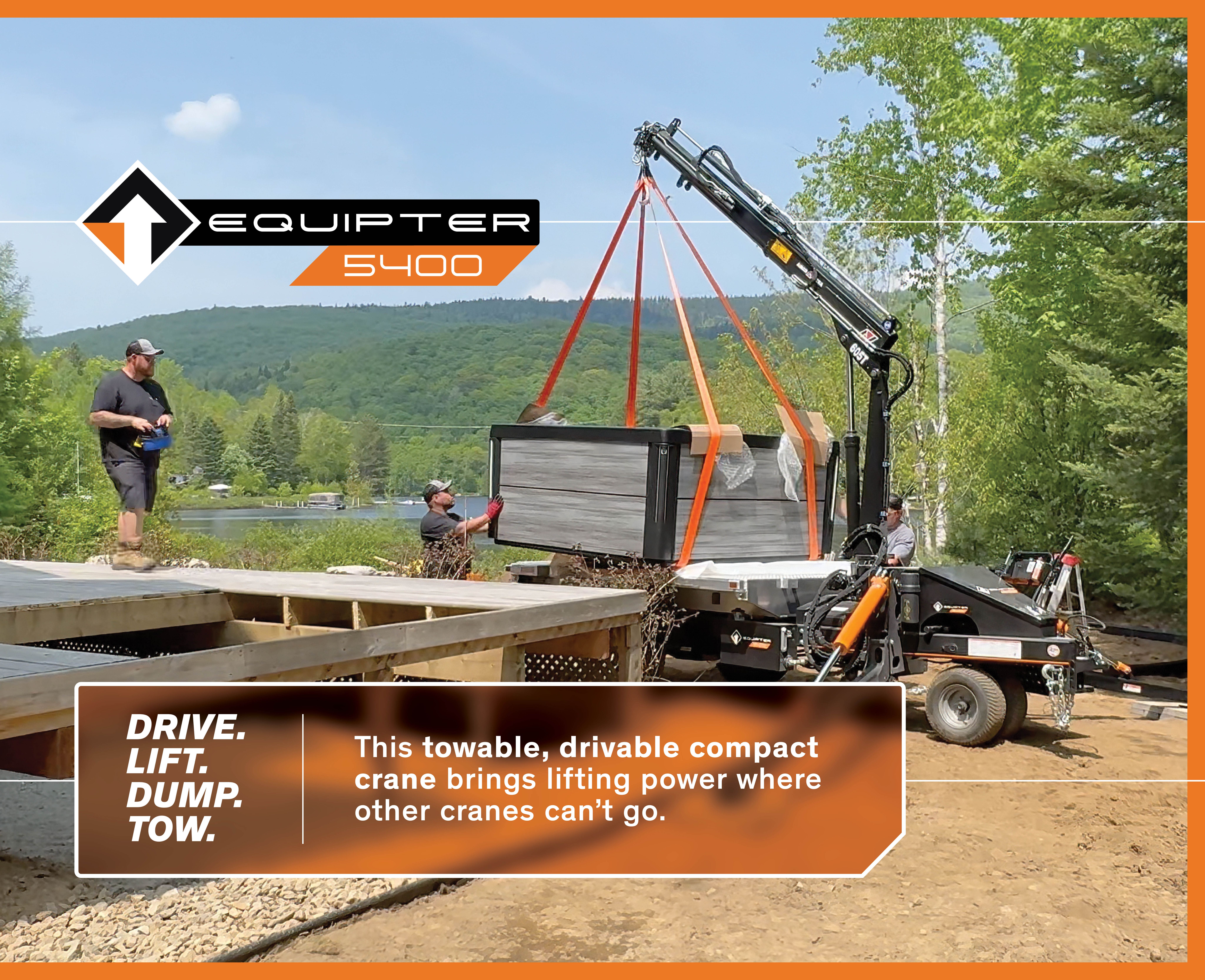 Equipter 5400 crane lifting a hot tub on straps onto a new deck while two workers guide it into place
