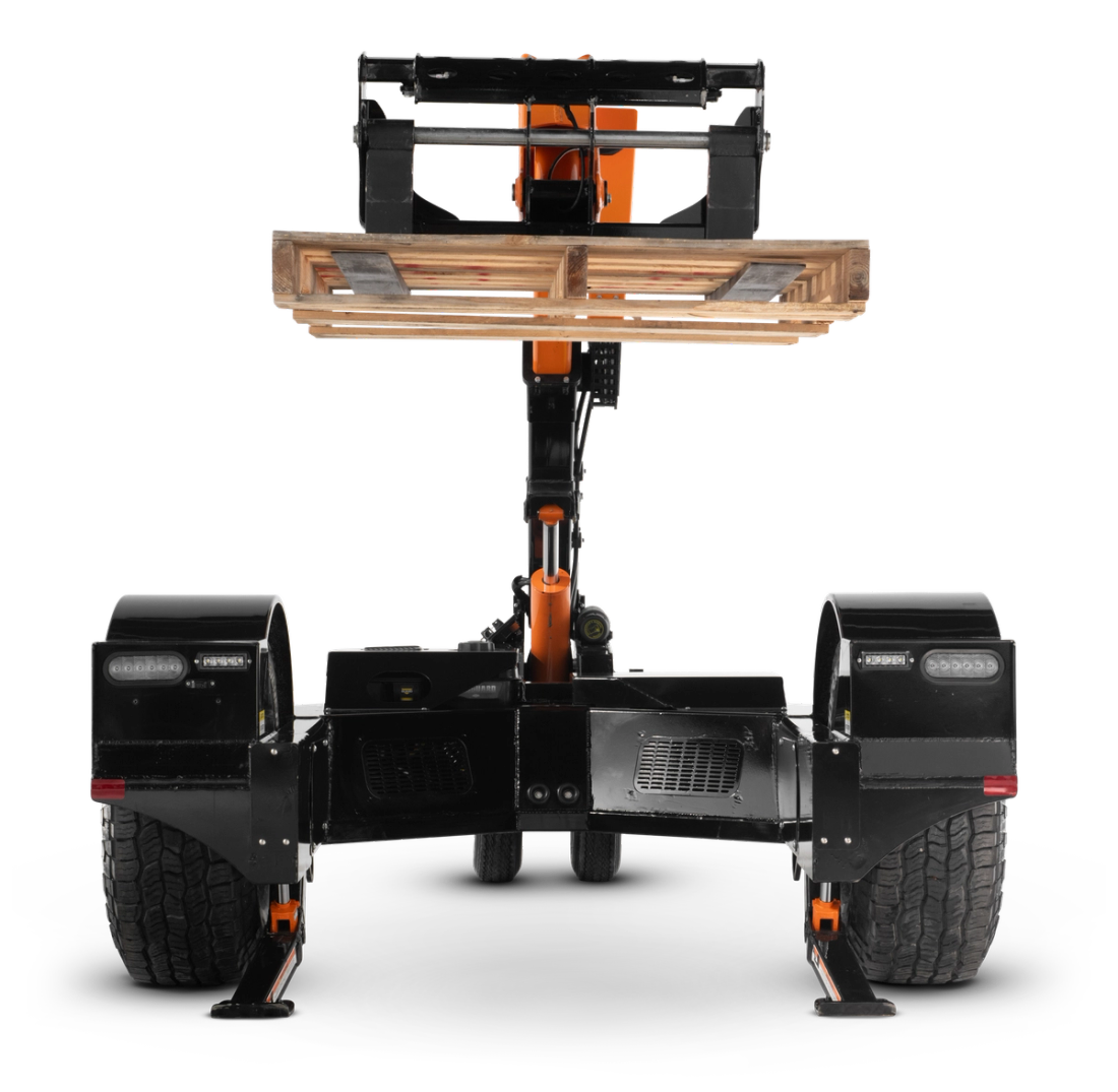 Head-on view of an Equipter Tow-A-Lift raising an empty pallet to full height with both outriggers deployed on the ground.