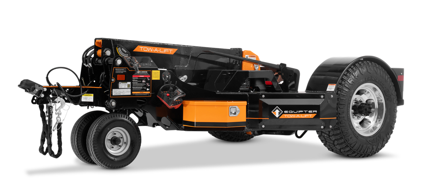 Side profile of an Equipter Tow-A-Lift in tow configuration, with the hitch, safety chains and oversized rear tire visible.