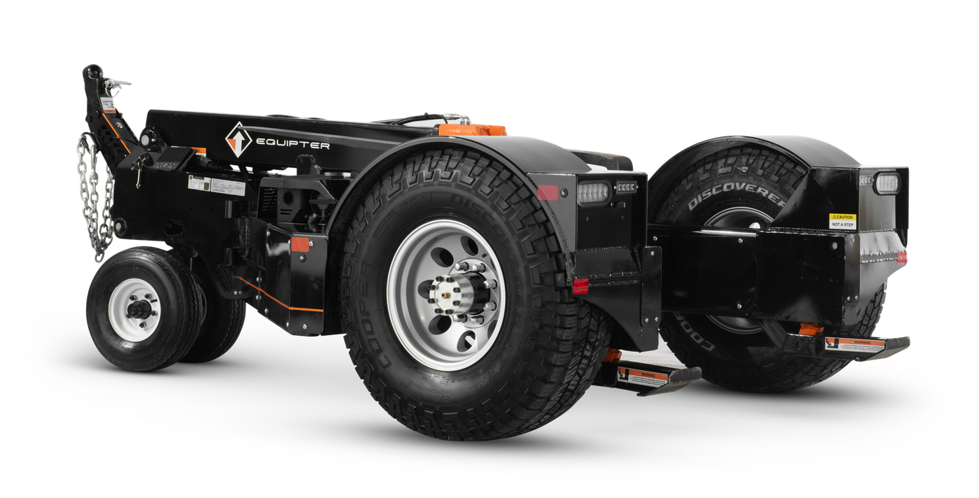 Studio view of an Equipter Tow-A-Lift with the boom stowed, hitch and safety chains at the front and outriggers folded.