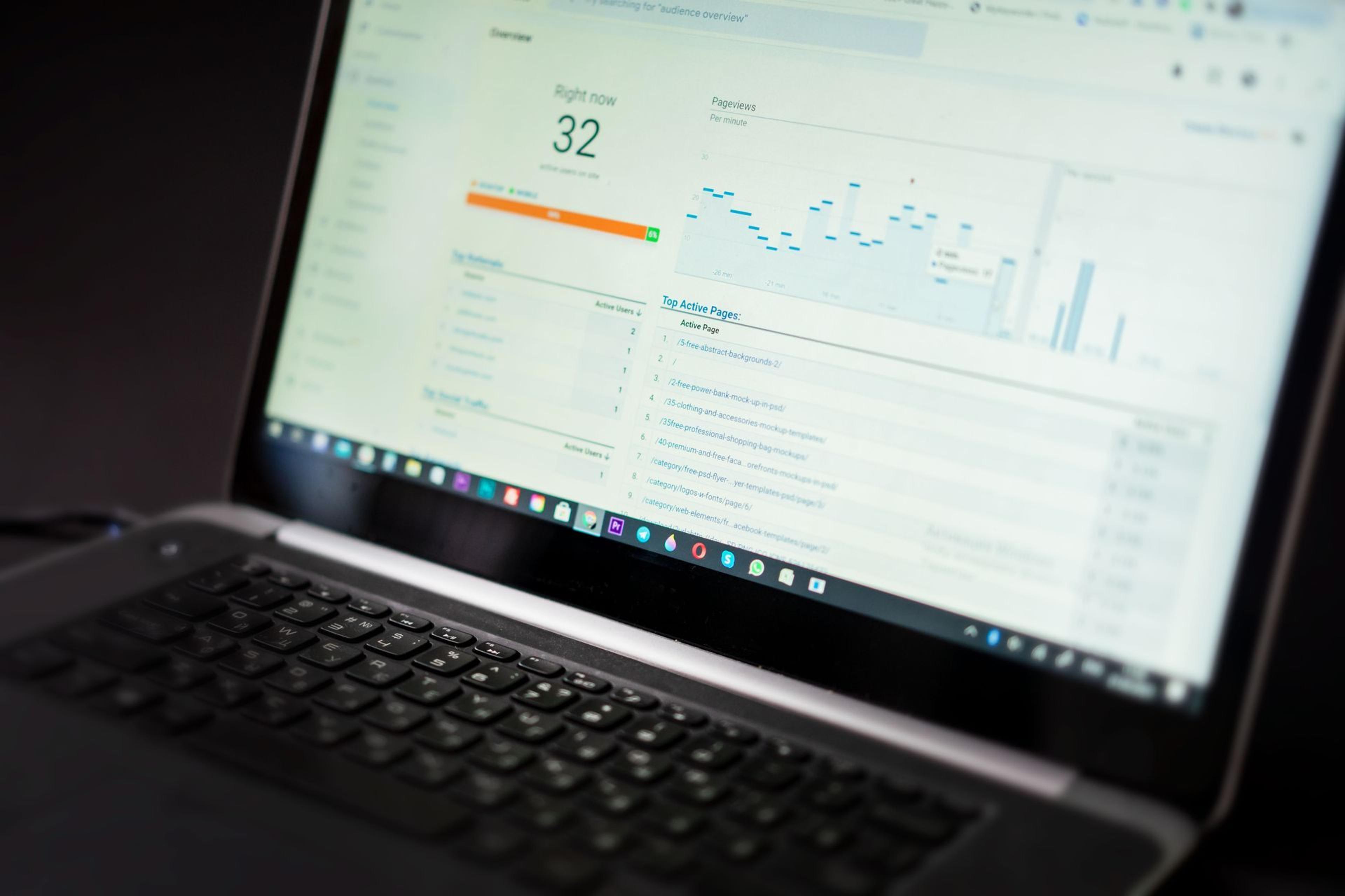 Laptop showing a live web analytics dashboard with realtime traffic charts