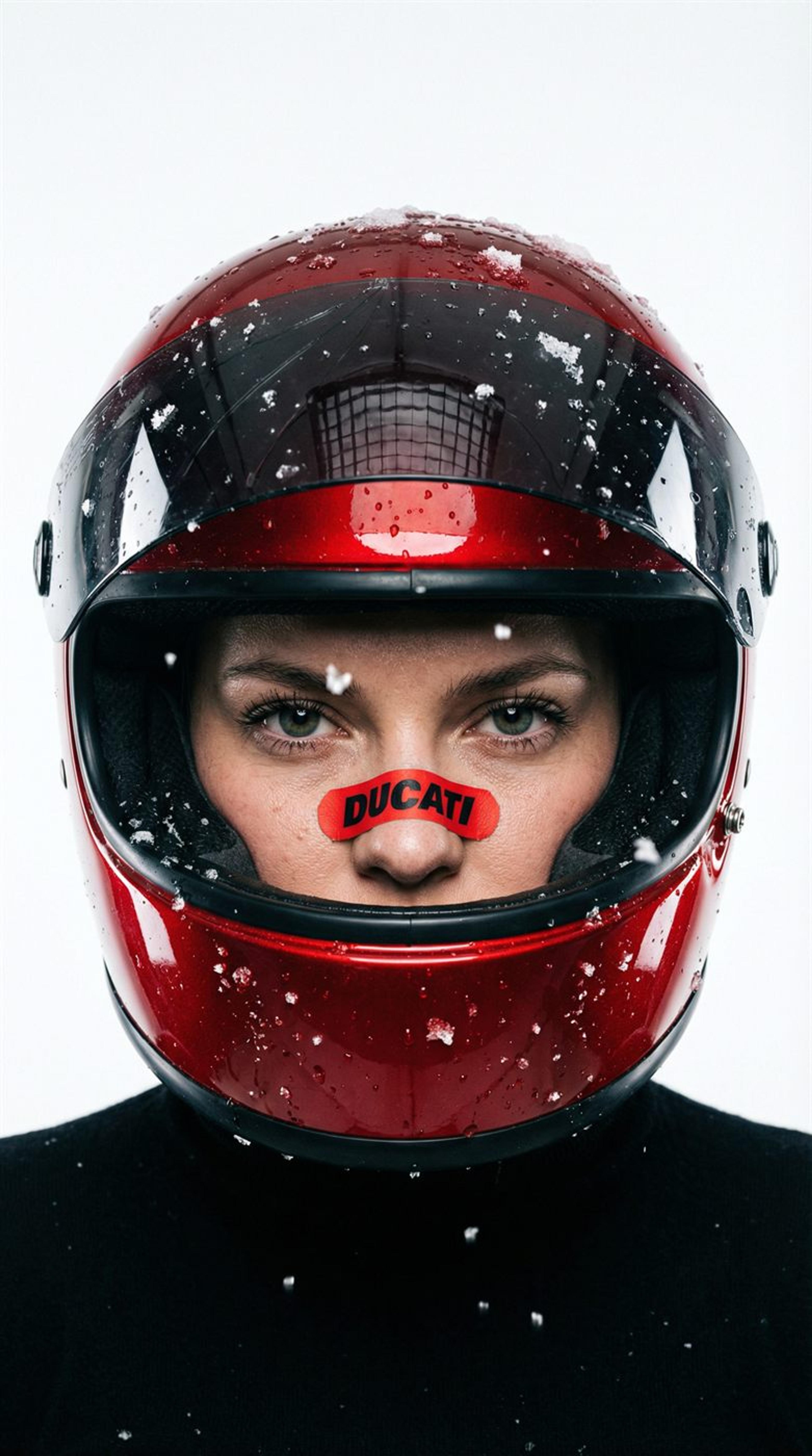 Close-up portrait of a rider in a red Ducati helmet with snow on the visor