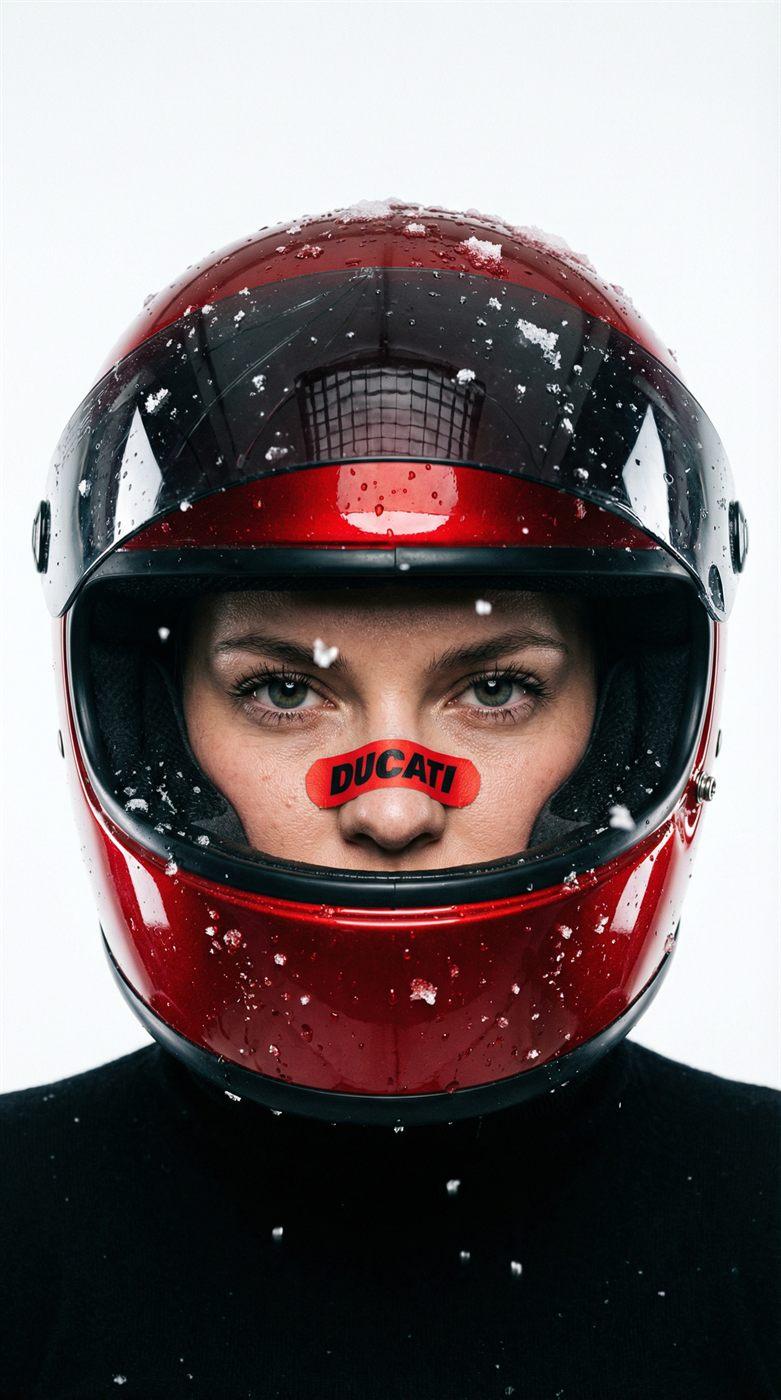 Close-up portrait of a rider in a red Ducati helmet with snow on the visor