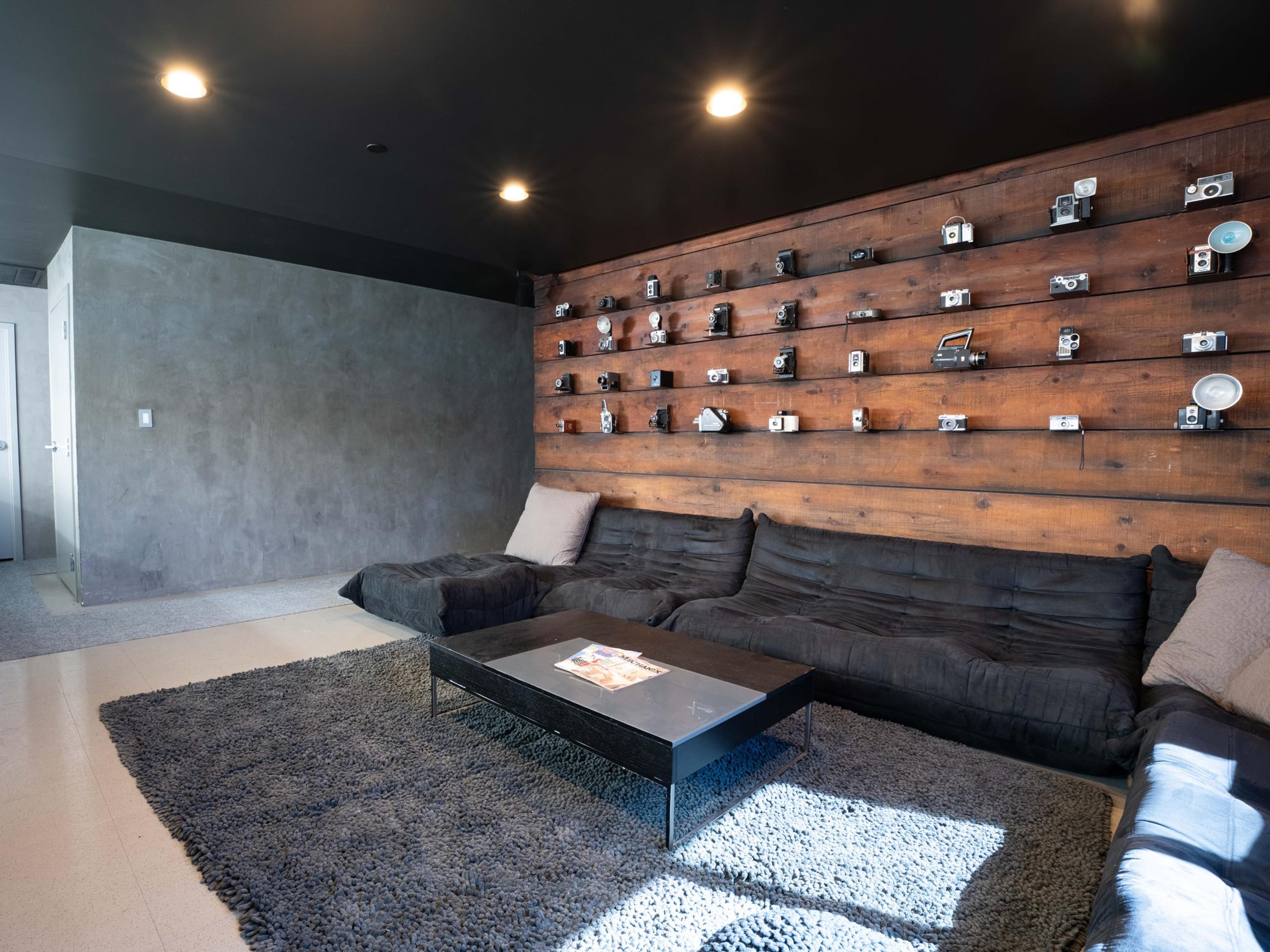 Lounge corner with a cowhide rug beneath a wall of vintage cameras