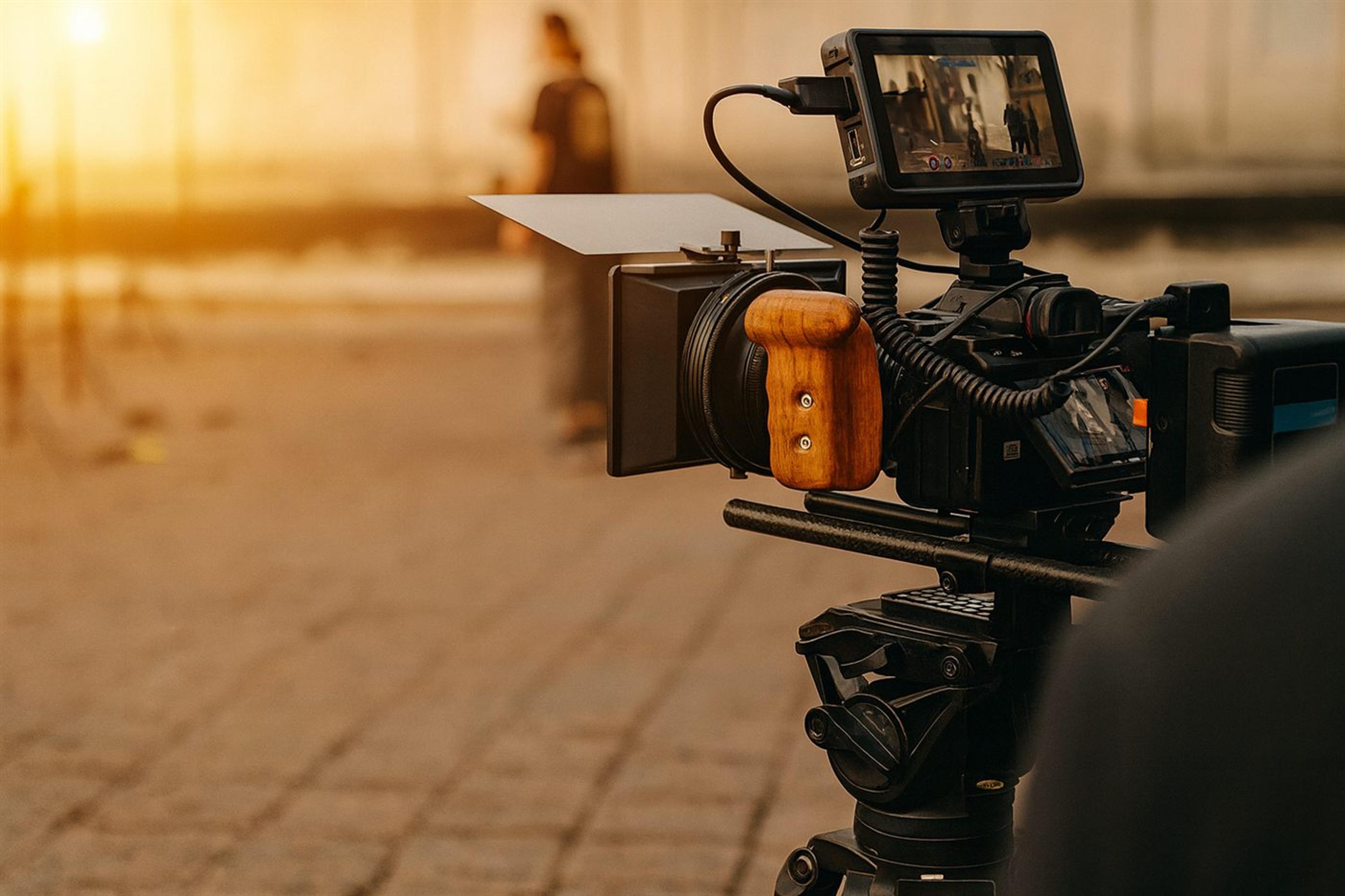 Cinema camera on a tripod framing up a shot at golden hour on location