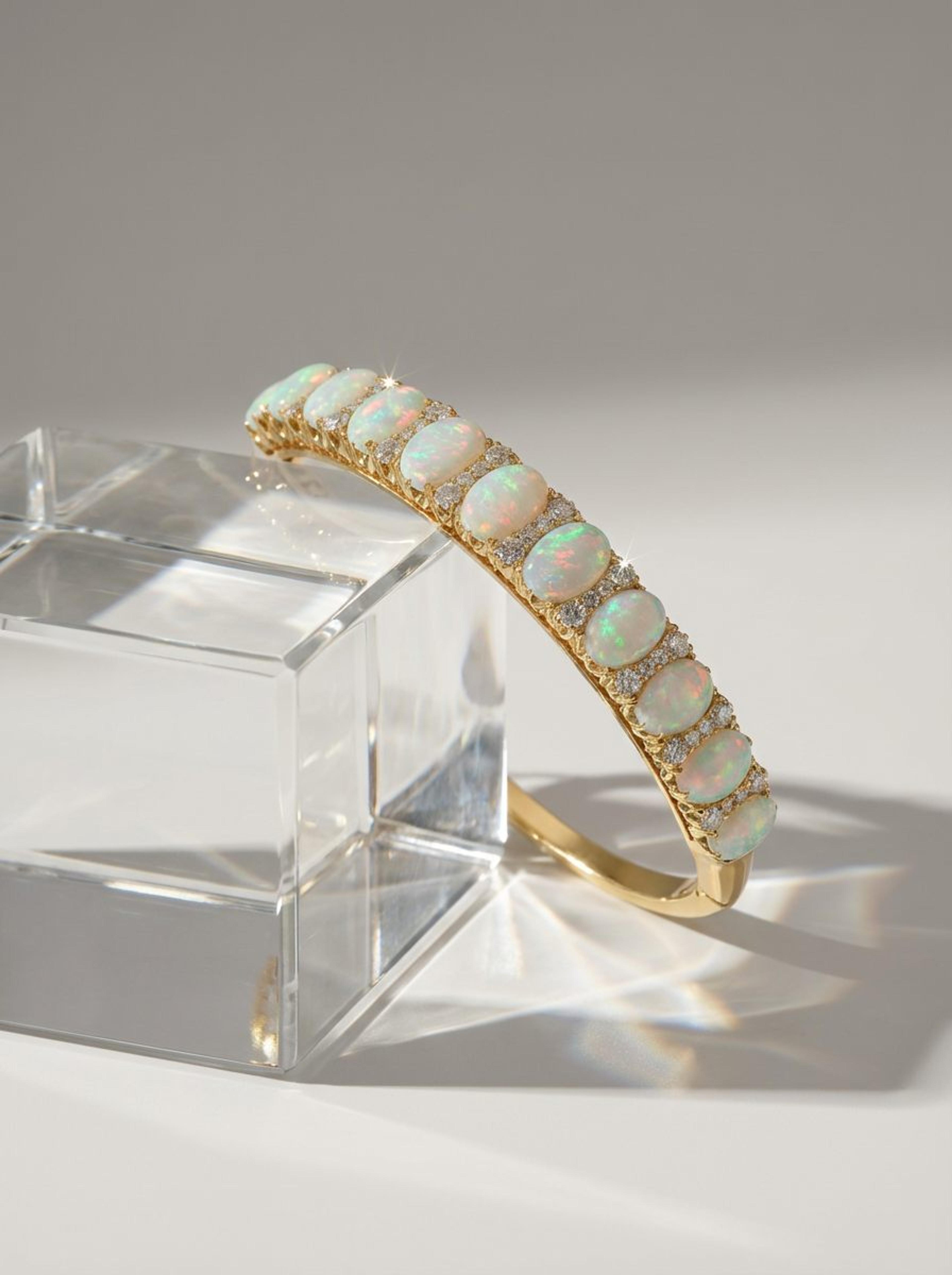 Opal and diamond gold bracelet staged on an acrylic riser under hard studio light