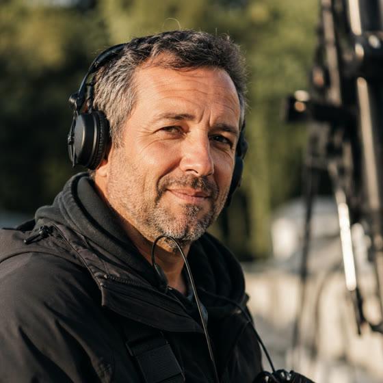 Camera operator in a comms headset and rig harness on location