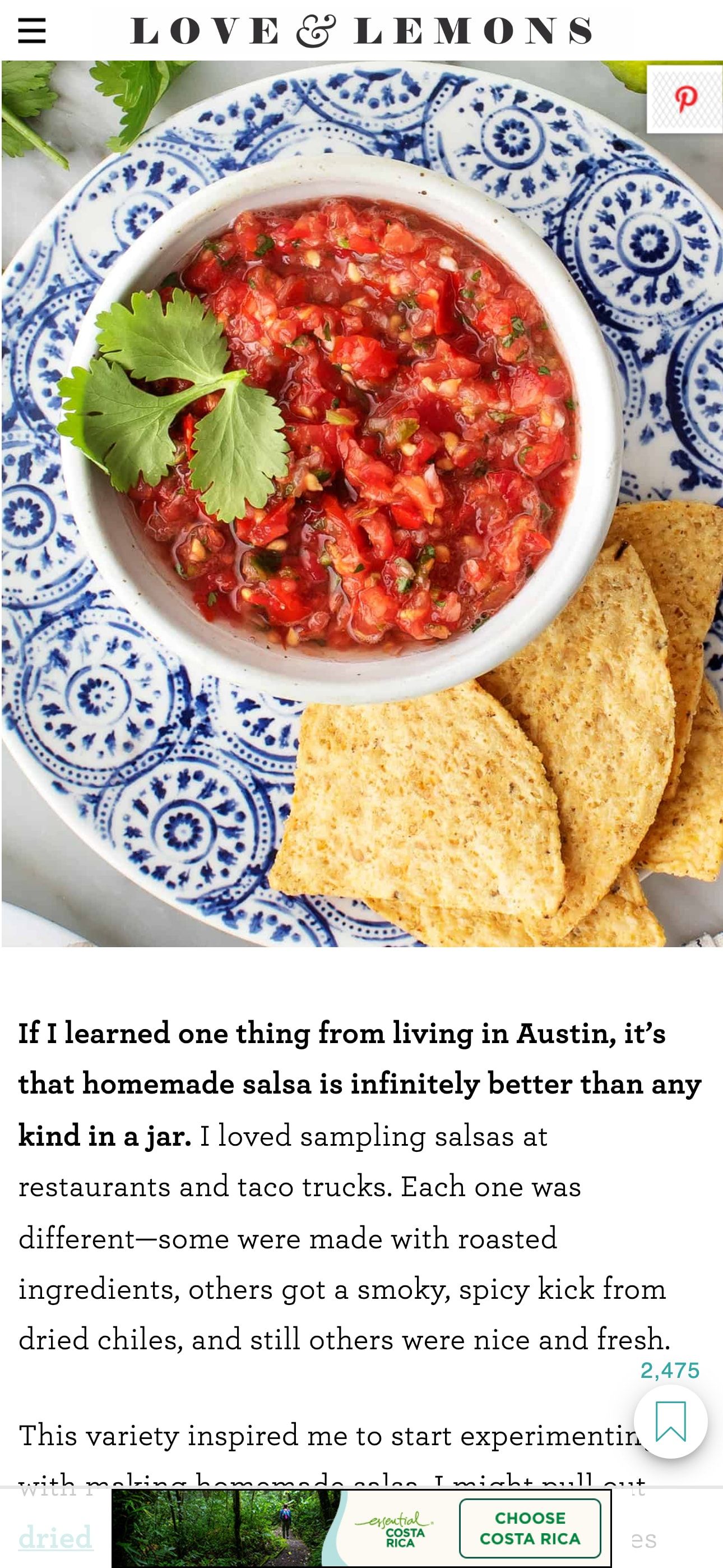 A preview of the Costa Rica travel intent mobile banner displayed in a recipe article