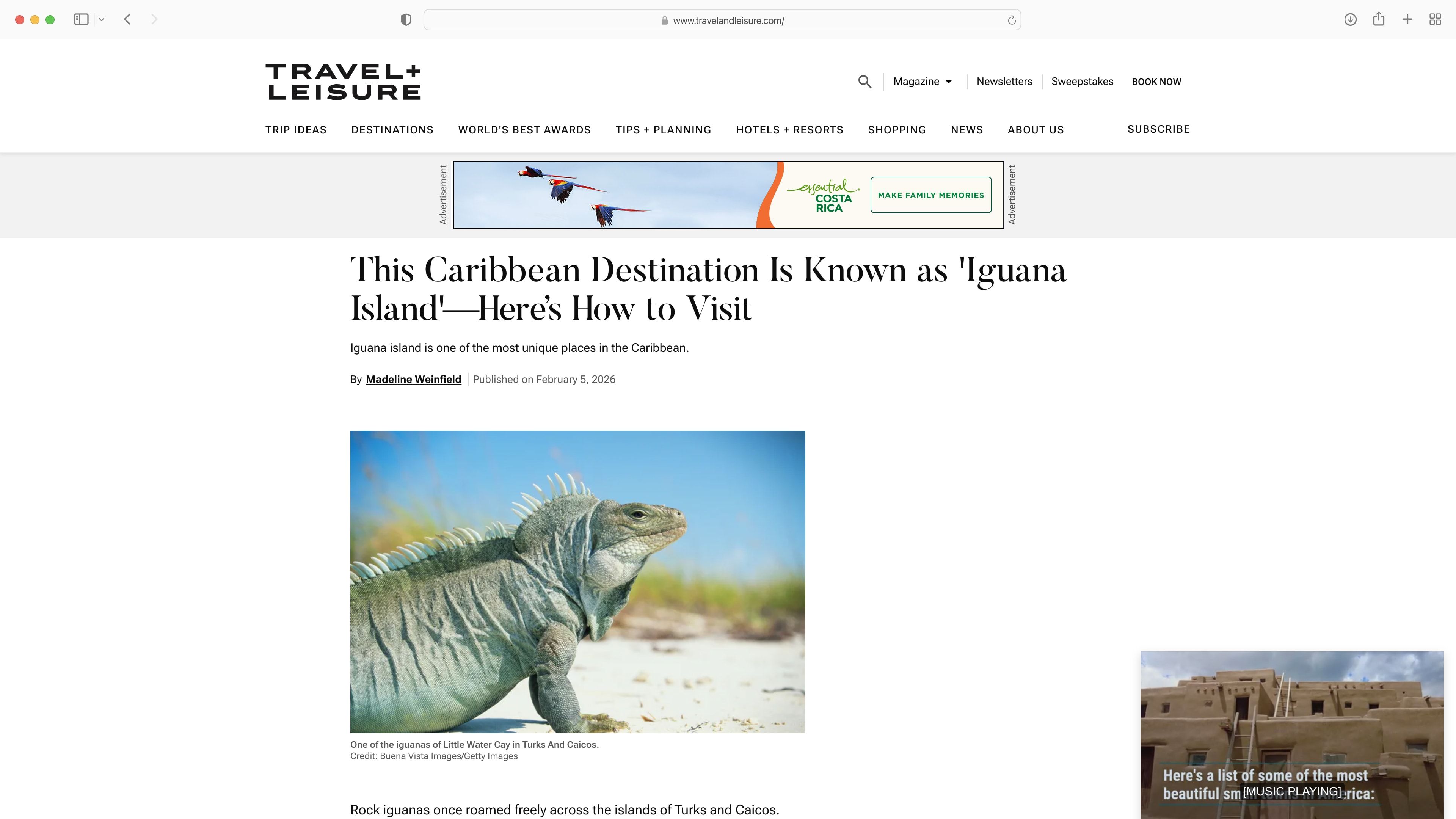 A preview of the Costa Rica family in focus leaderboard banner displayed in a Travel and Leisure web article
