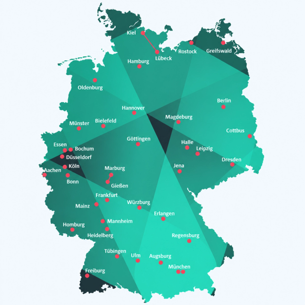 A picture of Germany with nodes at various cities representing the RACOON network
