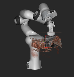 Hand-eye calibration view of a robot and attached sensor