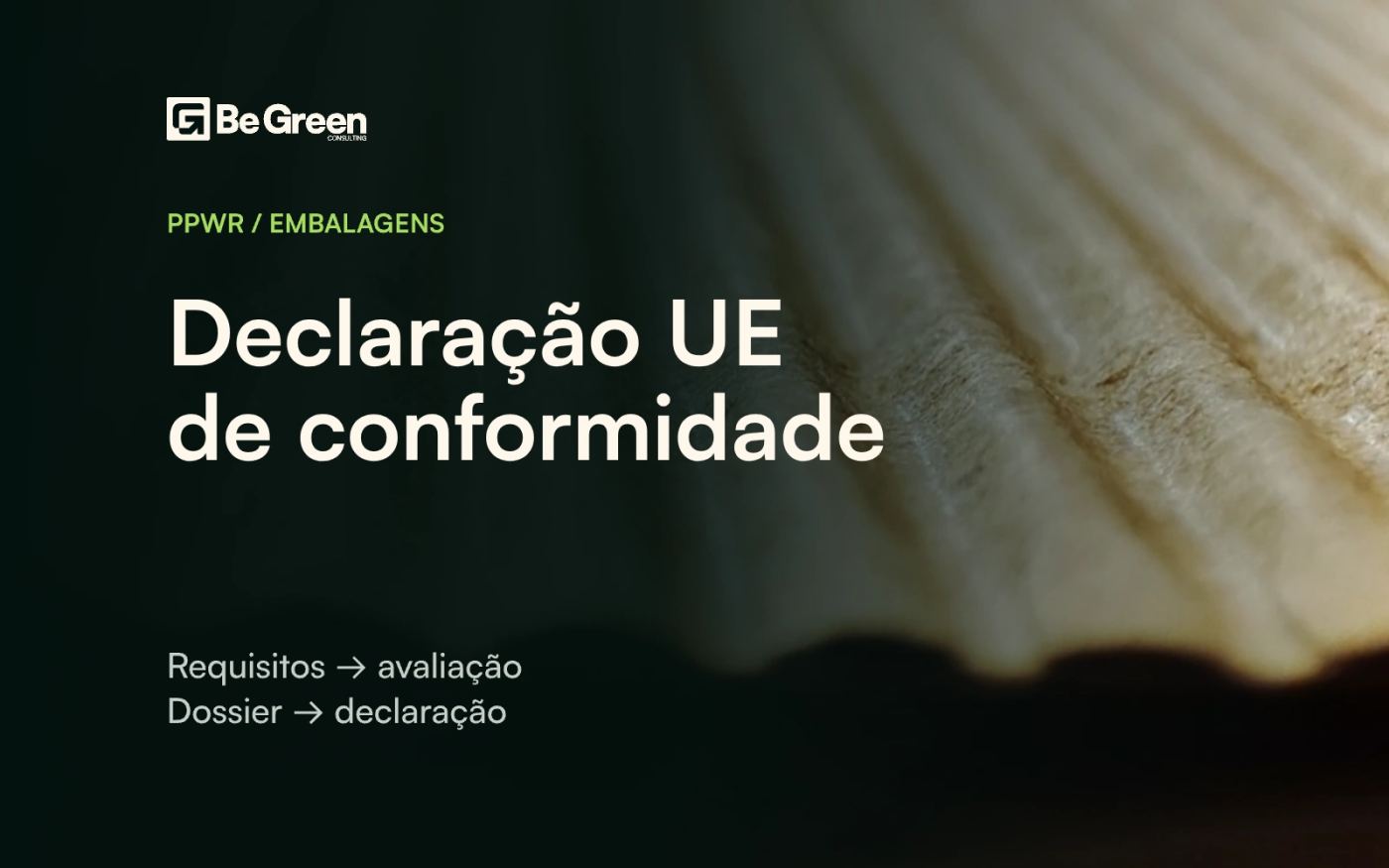 Capa BeGreen: PPWR: declaração UE de conformidade Fotografia de cartão ondulado com nota sobre requisitos, avaliação, dossier e declaração.
