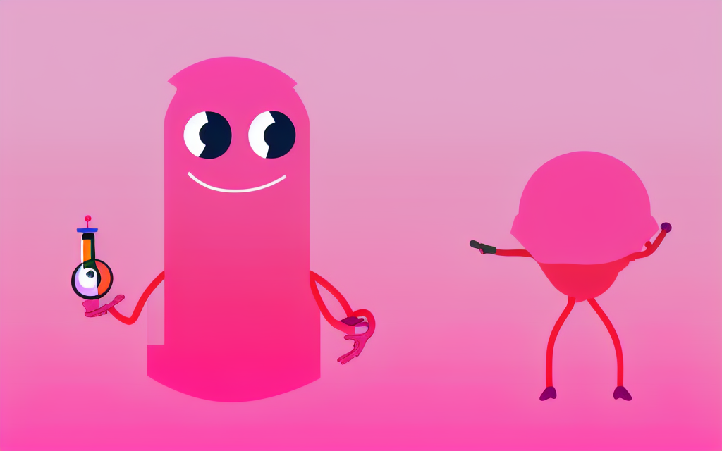 Pink Yallie split into two creatures, one holding a beaker, one that looks like an ice cream scoop pointing back at the the other Yallie