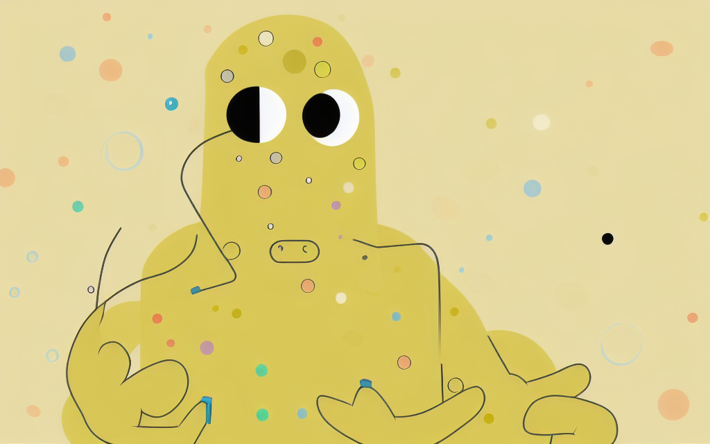 Yellow Yallie, still looking left but there are additional colored bubble textures and some lines suggesting hands