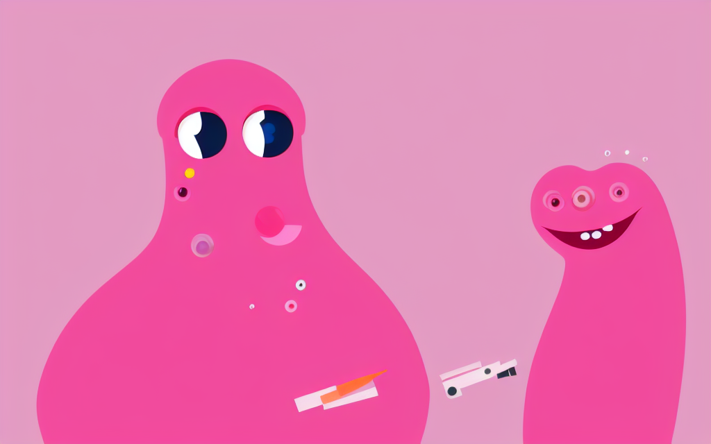 AI generated pink Yallie has turned into two creatures with what looks like a vehicle between them. The creature on the right has smaller eyes, a snake-like head and a smiling mouth with three teeth