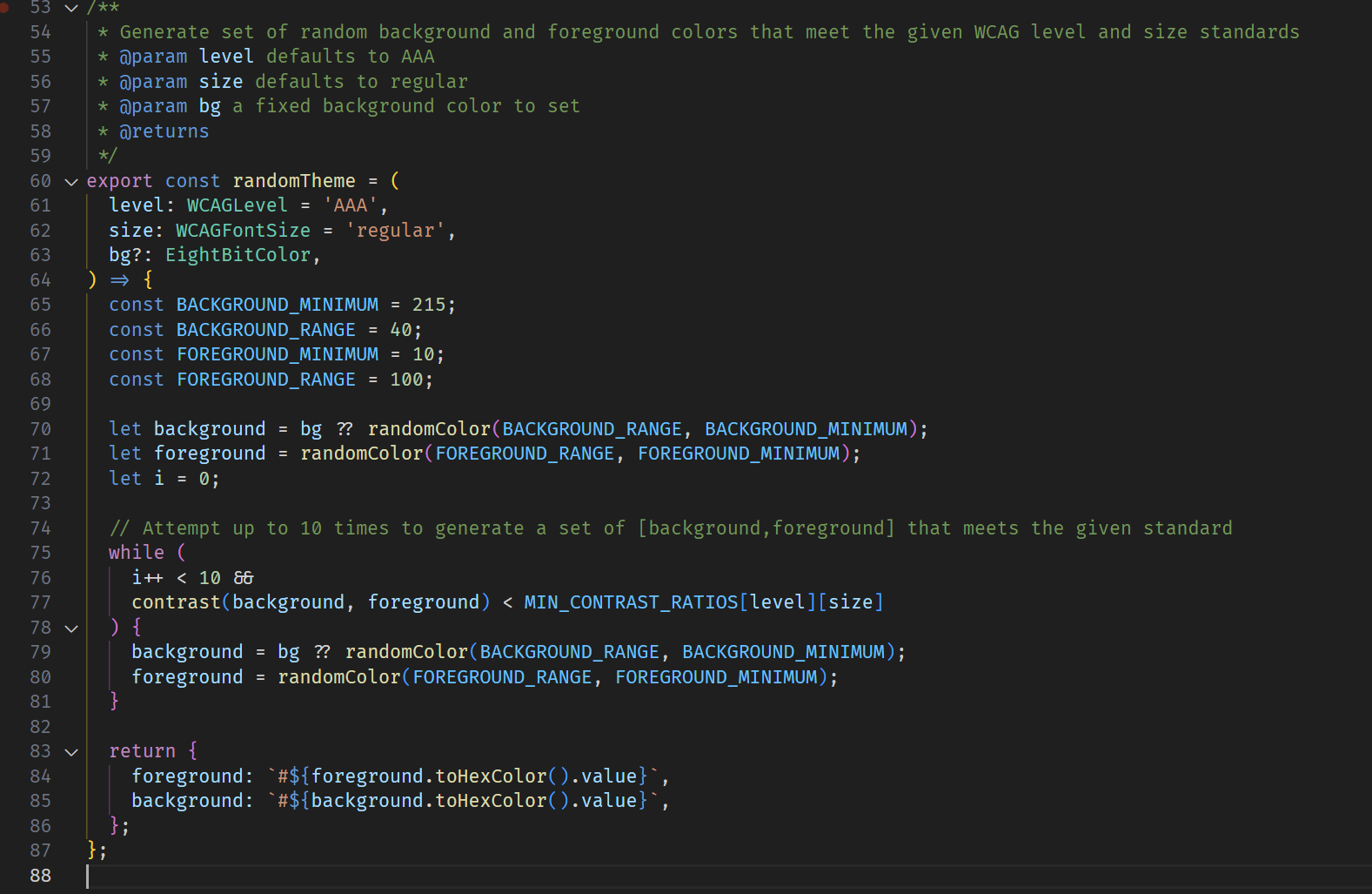 TypeScript code that generates a WCAG-compatible color pair