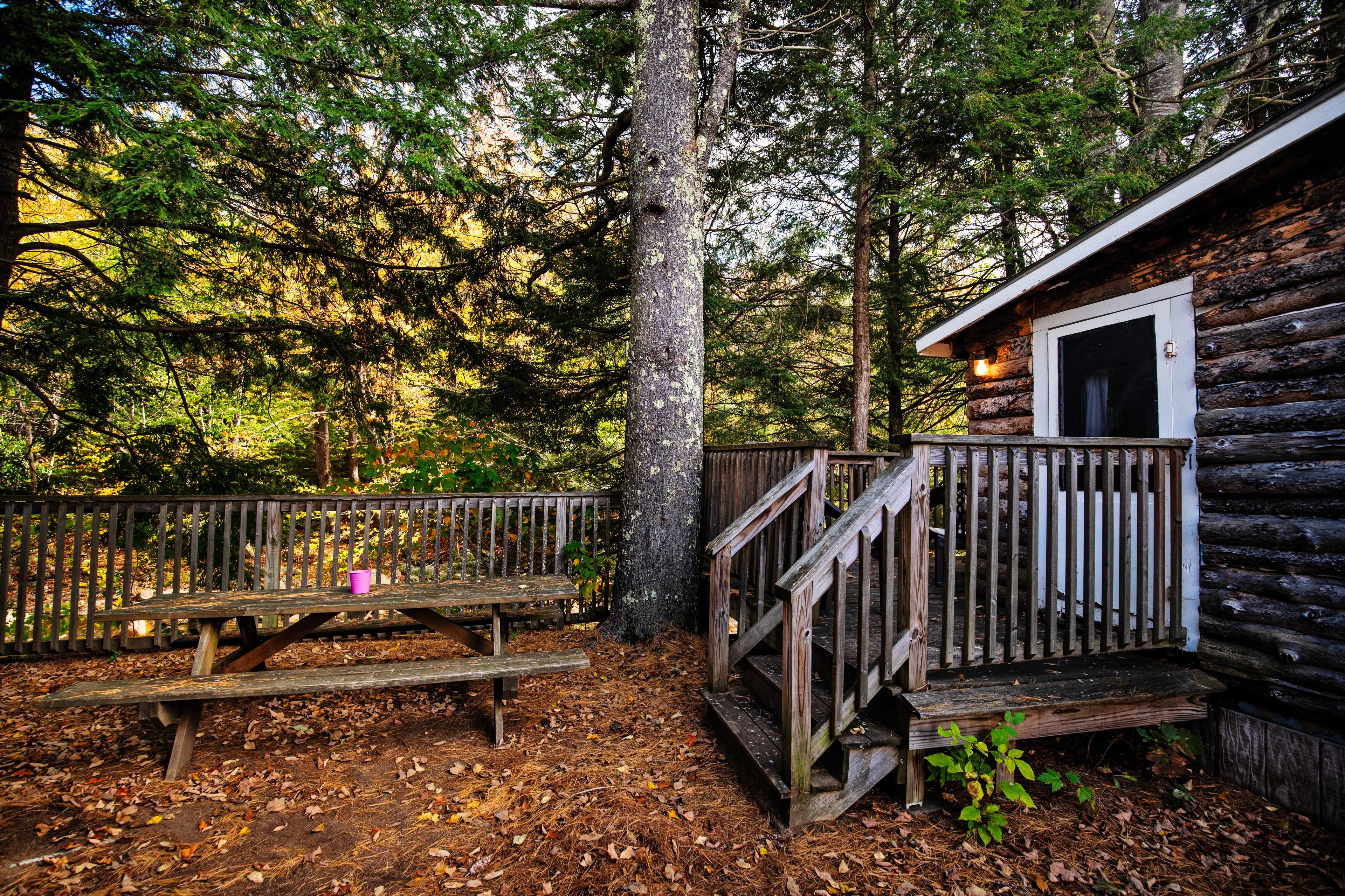 Front porch with chairs for relaxation at Eagle Cliff cabin. #NatureEscape #ExploreNH #RusticCharm #FamilyVacation