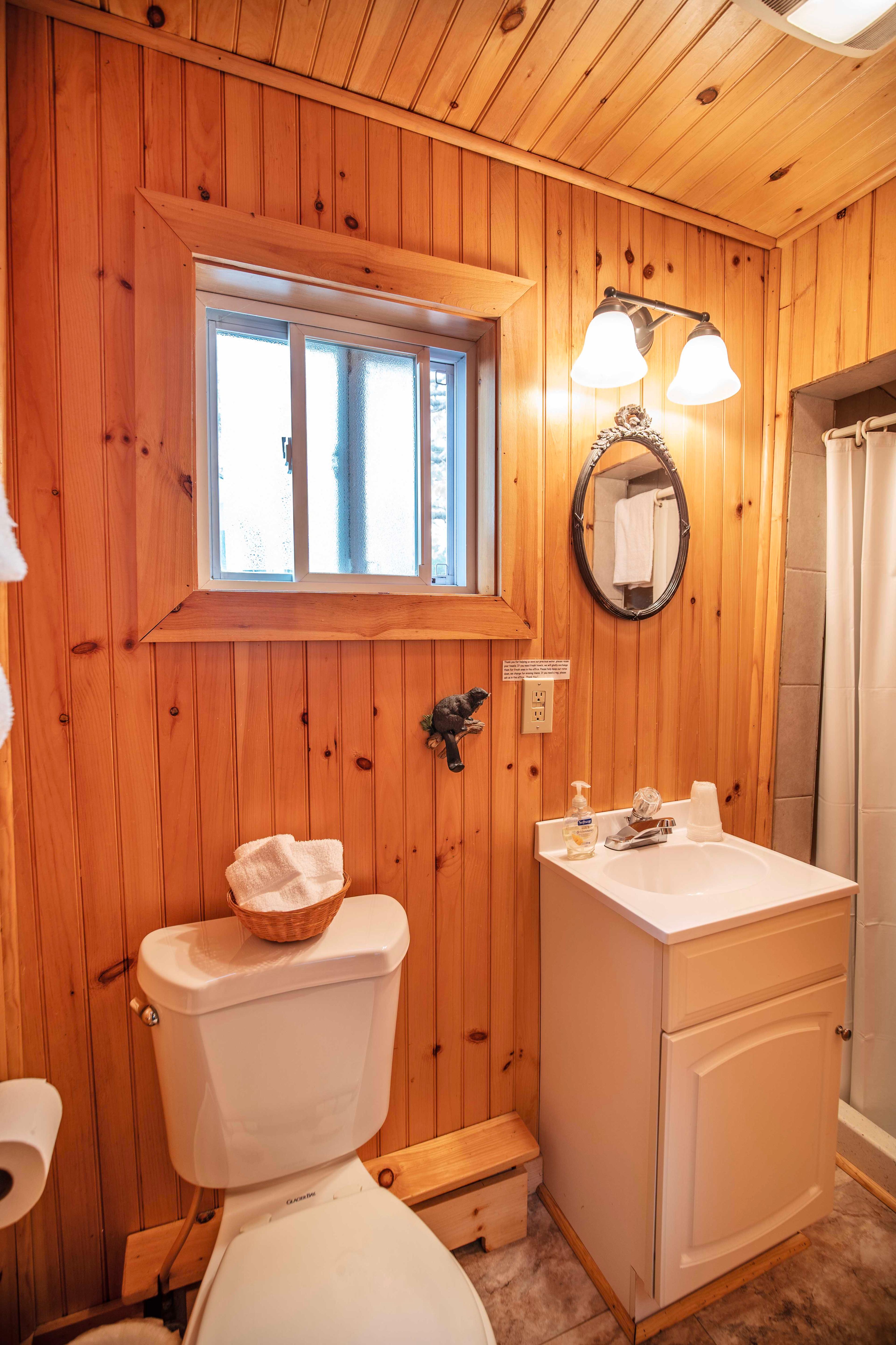 Full bathroom with stand-up shower near the bedroom in Beaver Pond cabin. #ScreenedInPorch #CozyLivingRoom #FullBathroom #HiddenGem