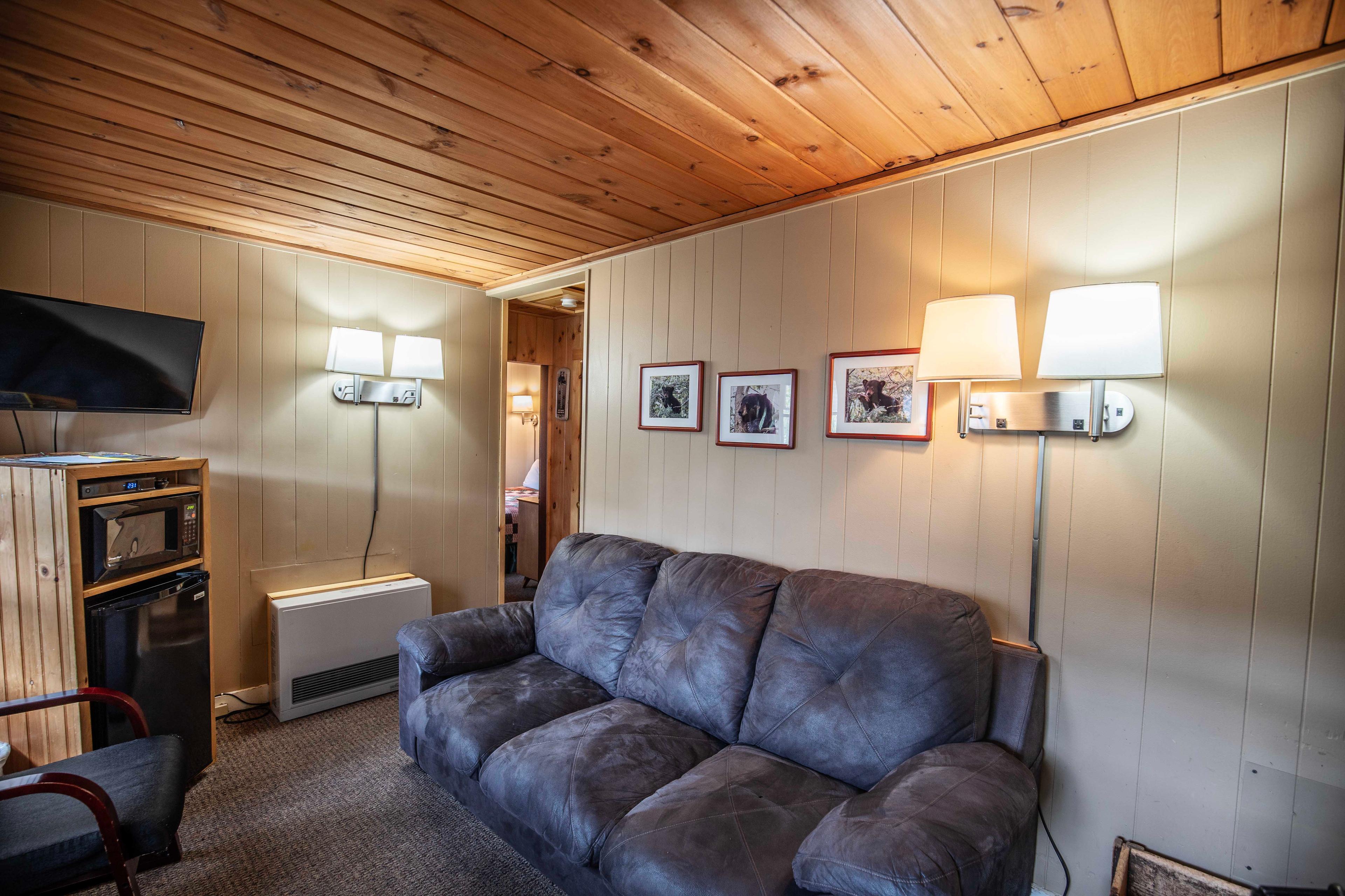 Comfortable couch and TV in the living room of The Bears Den cabin. #MountainRetreat #PeacefulEscape #UnforgettableGetaway #CabinInTheWoods