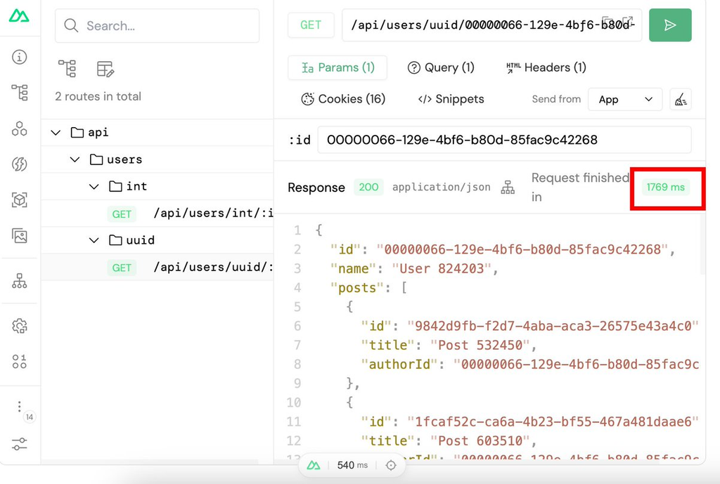 Nuxt DevTools server routes panel: GET /api/users/uuid with a UUID v4 id, request finished in 1769 ms