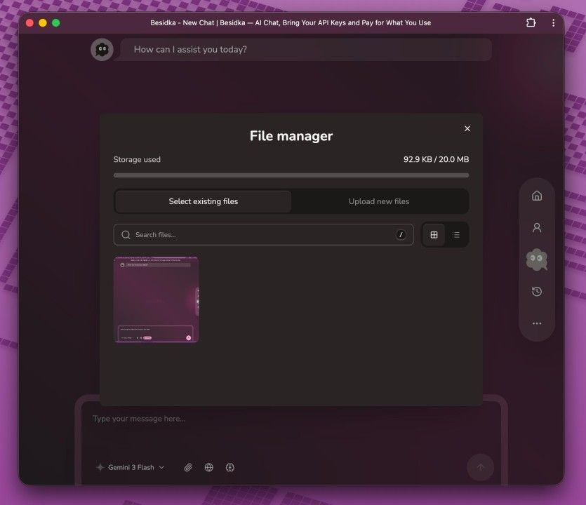 Demo of the file attachment feature: the Besidka file manager modal showing storage used (92.9 KB of 20.0 MB), a file search field, grid and list view toggles, and one uploaded file